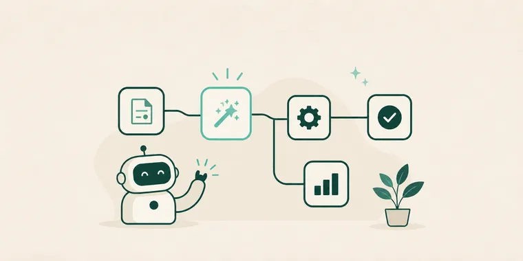 Illustratie van een AI-assistent naast een workflow-schema